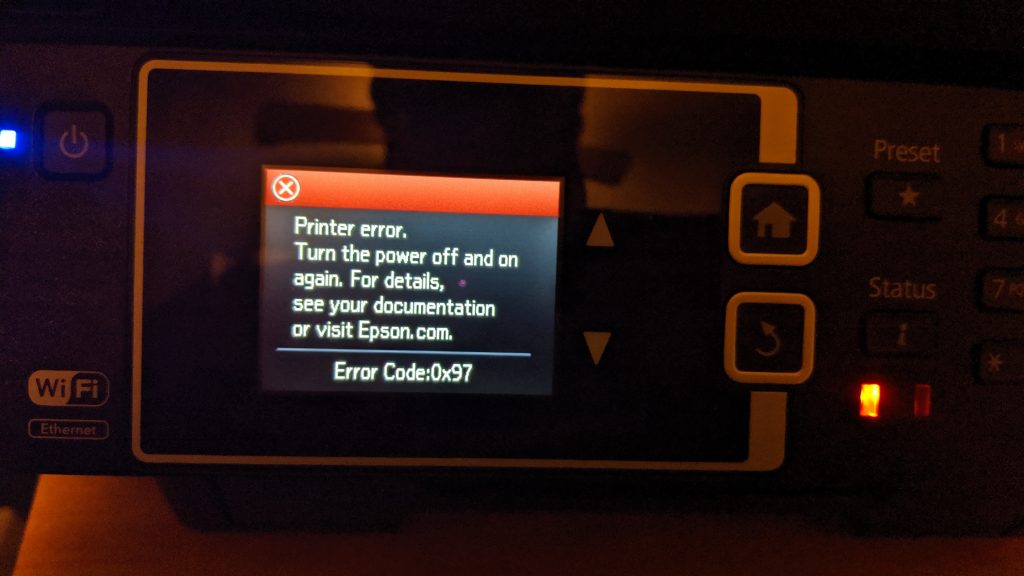 Epson WF-3620 with error 0x97 on screen.